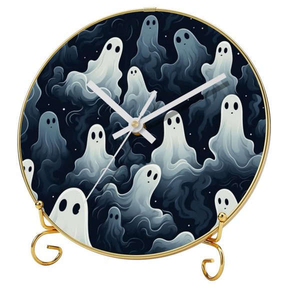 Halloween Ghosts Modern Round Wall Clocks with Hooks and Gold Stand - Silent Non Ticking Clocks for Home and Office Dcor