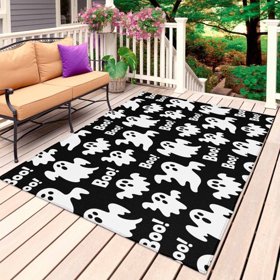 Halloween Ghosts Outdoor Rug 4x6 Ft, Non Slip Washable Area Rug, Fall Horror Spooky Textured Black Patio Rugs Carpet Runner, Large Floor Mat for Indoor/Outdoor Deck Porch Camping