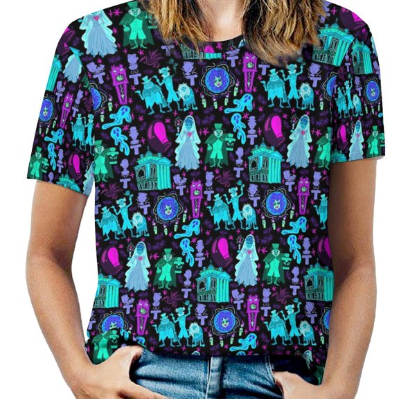 Halloween Ghosts Pattern Womens Tops Women's Fashion Casual Short Sleeve Flower Print Round Neck Pullover Top Blouse