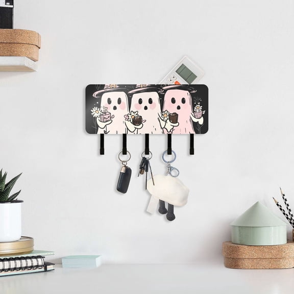 Halloween Ghosts Pink Key Holder for Wall Mail Holder Organizer with 5 Key Hooks Wall Mount Key Rack with Shelf