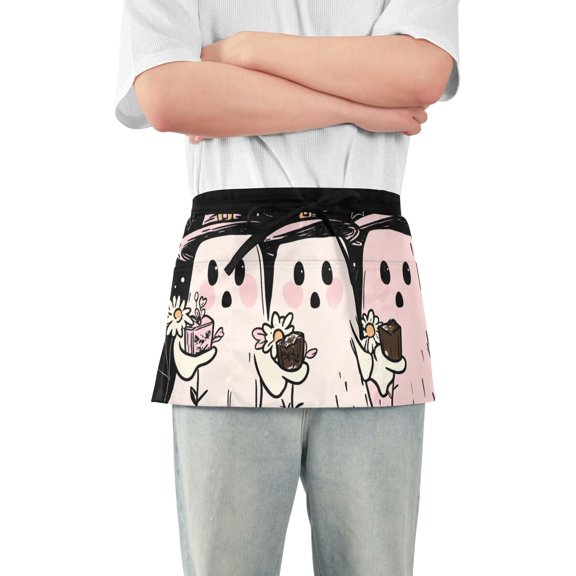 Halloween Ghosts Pink Waist Apron Adjustable Server Half Apron Kitchen Cooking with 3 Pockets for Men Women