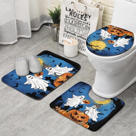 Halloween Ghosts and Pumpkins in Graveyard Bathroom Rugs Sets 3 Piece,Toilet Cover Set,Absorbent Non Slip Bathroom Mats Sets with U-Shaped Contour Rug Toilet Rug Set