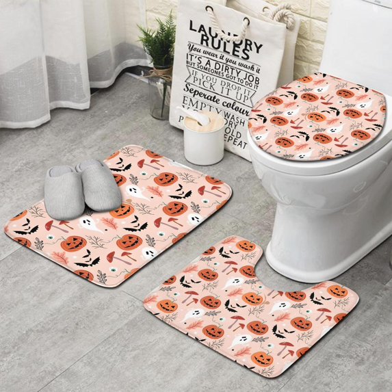 Halloween Ghosts and Pumpkins Pattern Bathroom Rugs Sets 3 Piece,Toilet Cover Set,Absorbent Non Slip Bathroom Mats Sets with U-Shaped Contour Rug Toilet Rug Set