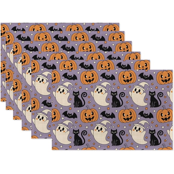 Halloween Ghosts Pumpkins Table Mats Set of 6,Black Cats Non-Slip Washable Placemats for Restaurant Home Kitchen Dinner Table 12x18Inch