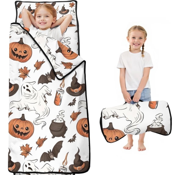 Halloween Ghosts Pumpkins and Witch Hats Toddler Nap Mats for Kids Preschool,59"x22" Sleeping Mat Bag or Kids,Toddler Sleeping Bag,Toddler Nap Mat or Daycare