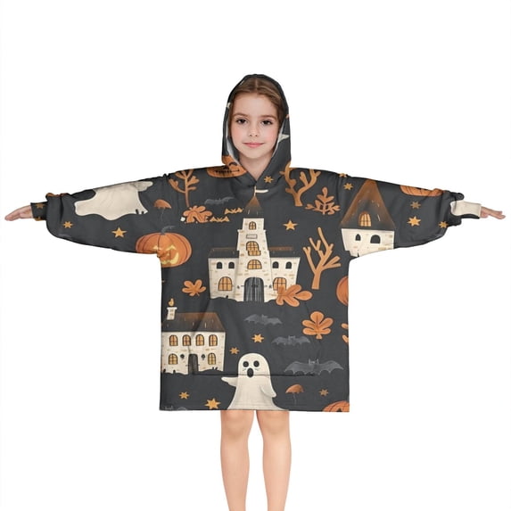 Halloween Ghosts Pumpkins and Haunted Houses Blanket Hoodies for Kids 6-13YR Oversize Wearable Blanket Hoodies for Boys Girls Teens