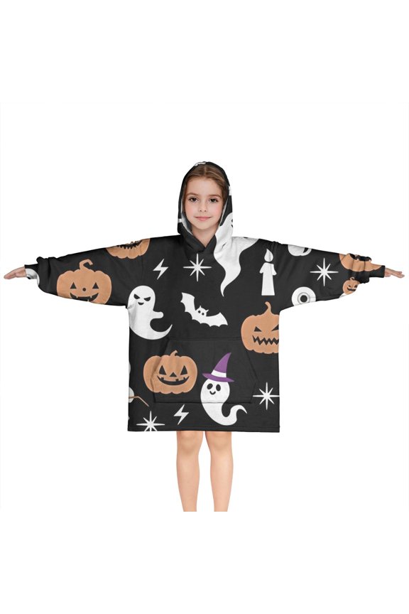 Halloween Ghosts Pumpkins and Spooky Icons Blanket Hoodies for Kids 6-13YR Oversize Wearable Blanket Hoodies for Boys Girls Teens