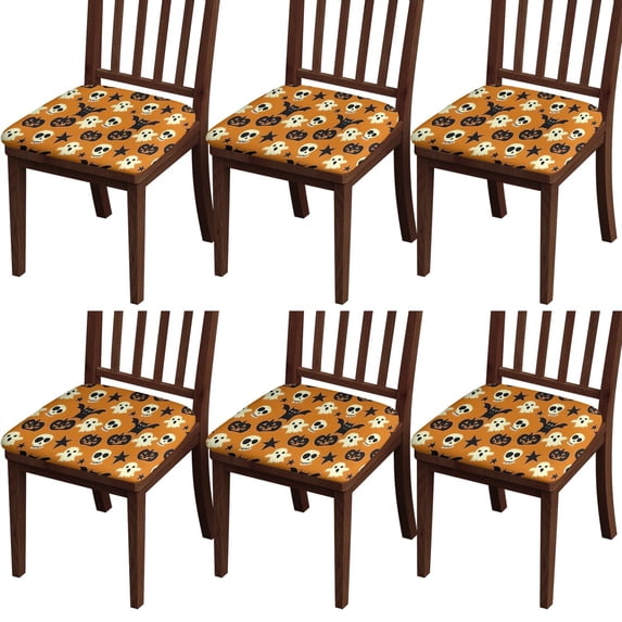 Halloween Ghosts Skulls Bats and Pumpkins Seat Covers for Dining Room Chairs Set Of 6,Stretch Printed Washable Chair Seat Cover with Elastic Ties and Button,Removable Waterproof Couch Cushion Covers