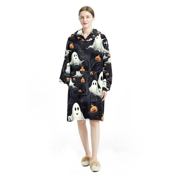 Halloween Ghosts Ultra Soft Microfiber Polyester Wearable Blanket - Cozy Lounge Blanket for Men and Women - Warm and Comfortable with Hood - for Home or Travel