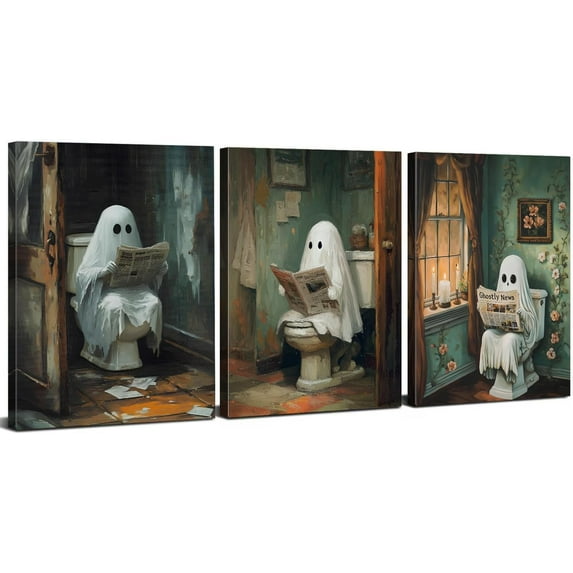 Halloween Ghosts Wall Art Funny Ghost Bathroom Wall Decor Spooky Halloween Canvas Posters Toilet Decor Vintage Creepy Dark Academia Painting Artwork for Restroom Home Decorations