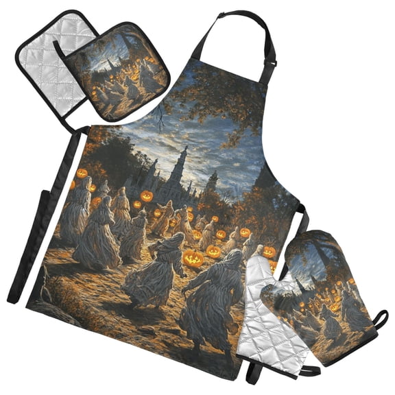 Halloween Ghosts and Pumpkins Oven Mitts and Pot Holders with Chef Apron Set 5 Pcs Kitchen Cooking Set