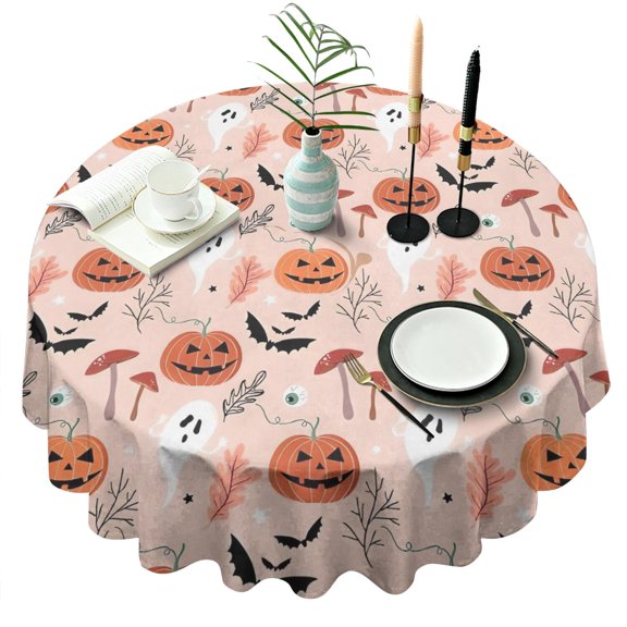 Halloween Ghosts and Pumpkins Pattern Round Tablecloth 60"x60",Wrinkle Wipeable Table Cloth for Kitchen Dining Room Picnic Patio Party