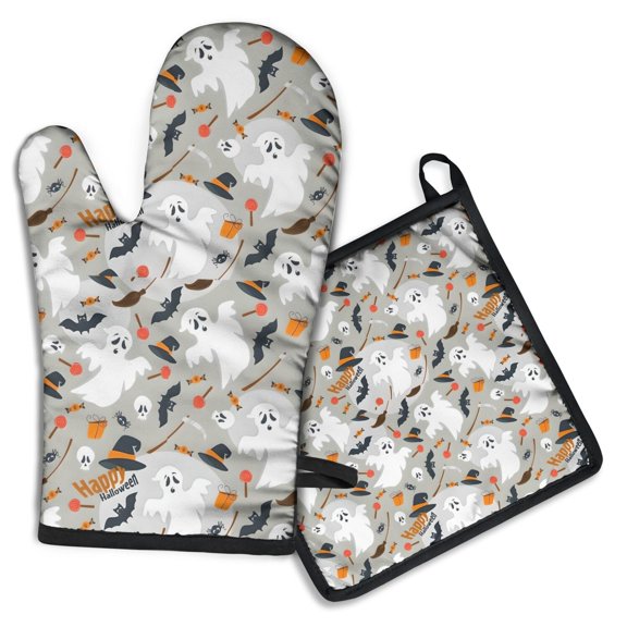 Halloween Ghosts and Witchy Elements Kitchen Oven Mitt and Pot Holder Sets 2 Pcs for Baking, Cooking and Grilling, Heat Resistant Up To 392 °F