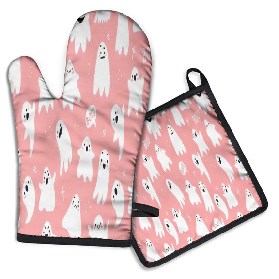 Halloween Ghosts with Boo Kitchen Oven Mitt and Pot Holder Sets 2 Pcs for Baking, Cooking and Grilling, Heat Resistant Up To 392 °F