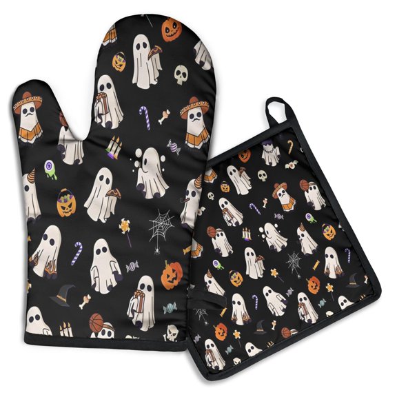 Halloween Ghosts with Costumes Kitchen Oven Mitt and Pot Holder Sets 2 Pcs for Baking, Cooking and Grilling, Heat Resistant Up To 392 °F