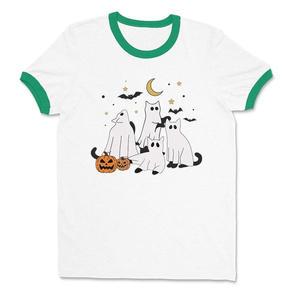 Halloween Ghots Cats Ringer Tee Shirt Unisex 2X-Large White/Kelly Green