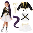thumbnail image 1 of Halloween Gi"rl"s Costume - Star Singer Costume, Black Sequin Jacket White Tulle Tutu Skirt with Purple Braid Wig and Full Jewelry Accessories, Halloween Carnival Theme Party Fancy Dress, Size:110, 1 of 4
