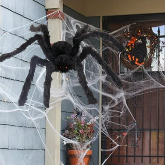 Halloween Giant Spider Decorations Outdoor Indoor, Realistic Large Scary Hairy Black Webworm Props for Home Yard Garden Party Haunted House Halloween Decor with Giant Web