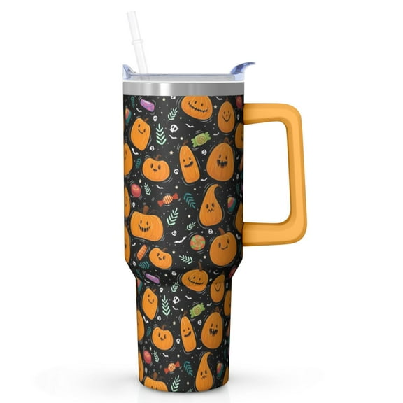 Halloween Gift 40oz Pumpkin Coffee Travel Tumbler with Handle and Straw Lid – Leak Proof Insulated Cup
