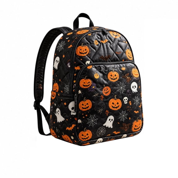 Halloween Gift Bag, Spooky Backpack 16 Inch Cute Halloween Design Quilted Casual Daypack Spacious Trick Or Treat Bag for School Travel Seasonal Fall Everyday Use, 1 Pack