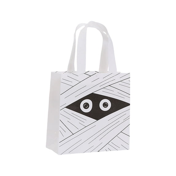 Halloween Gift Bags Set Reusable Woven Fabric Goodie Bags, Festive Pumpkin Mummy Skull Frankenstein Patterns, Perfect for Trick - or - Treat Party Favors Decorations,White