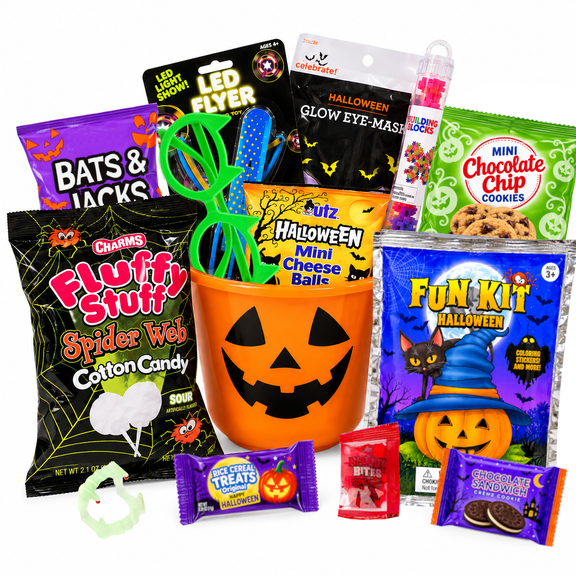 Halloween Gift Basket for Kids, Pumpkin Bucket with Candy, Snacks, and Activities