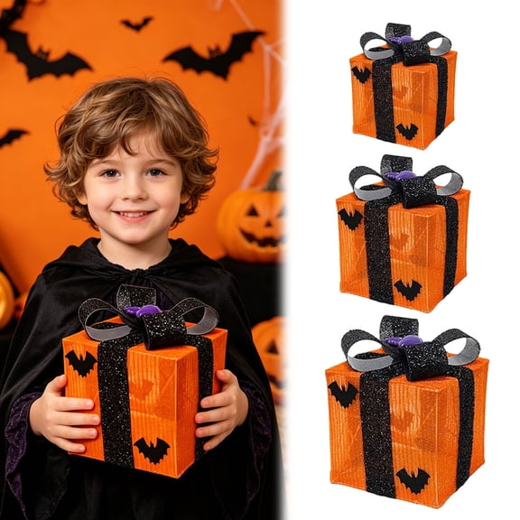 Halloween Gift Box 3 Pcs Orange, Orange Halloween Gift Box Set 3 Pcs, Luxury Square Box with Glitter Lid Bow, Small Favor Container for Birthday Christmas Valentine's Day Gothic Party Decoration