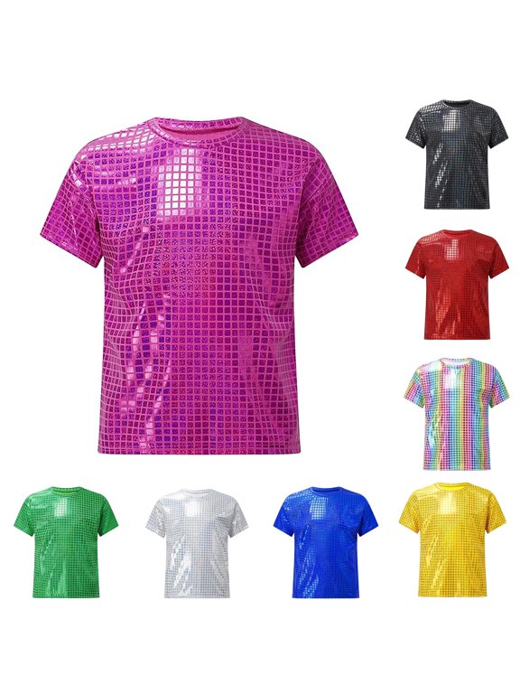 Halloween Gift for Child Boys Casual Graphic Tee Square Sequins Checkered Shine Short Sleeve Top for Everyday Outdoor Activities and Sports 2-19 Years 4-5 Years