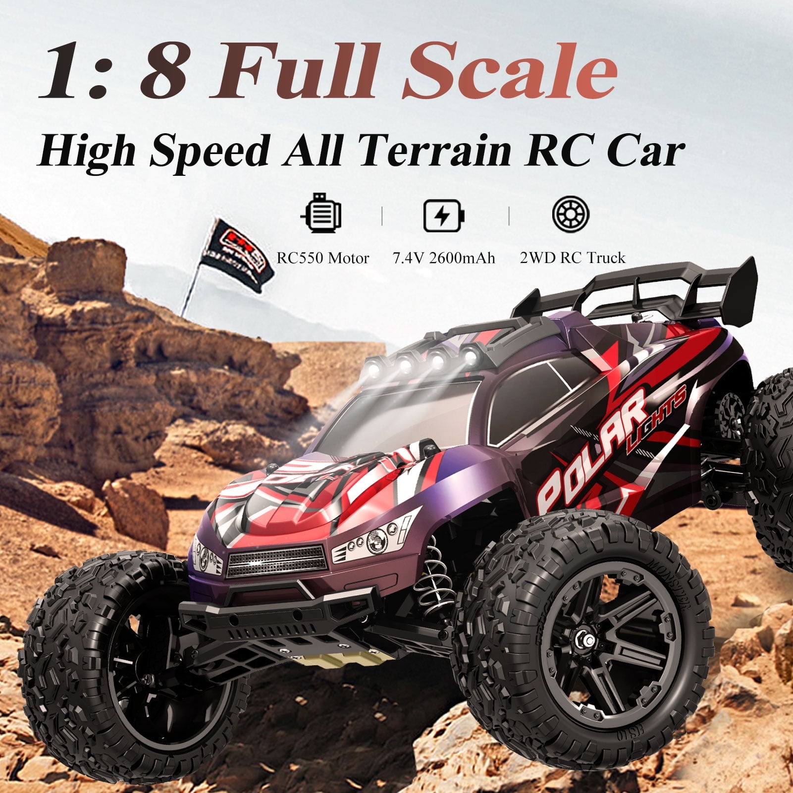 Halloween Gift, High Speed RC Cars 45kmh For Adults, 1:8 Scale Remote Control Car, All Terrain Off-Road Monster RC Truck For Adults, 2.4Ghz Glow-Up RC Cars With Body Lights & Headlights