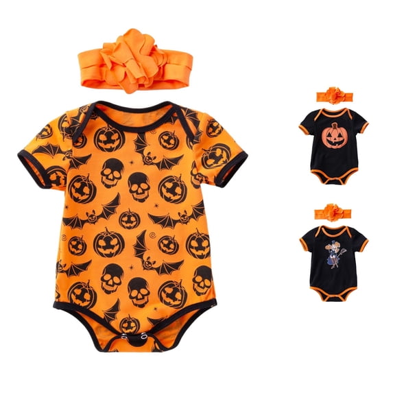 Halloween Gift for Halloween Baby Bodysuit Set for Daily Wear and Parties Featuring Short Sleeve Romper with Hair Accessories for Girls Seasonal Comfort and Easy Care Orange 0-3 Months