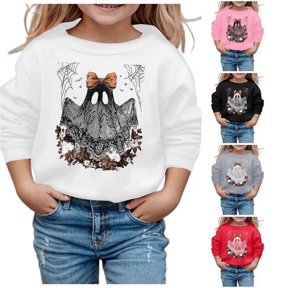 Halloween Gift for Little Kid Fall Shirt Girls Sweatshirts for Kids Soft Long Sleeve Sweatshirt with Graphic Round Neck Top for Everyday Wear Autumn Winter Easy Care White 6-7 Years