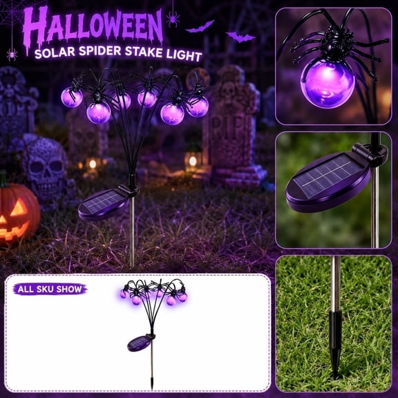 Halloween Gift Solar Spider Pathway Stake Lights, Purple LED Spider Globe Ground Lamp, All Ages Friendly Yard Lawn Garden Outdoor Landscape Halloween Decorations