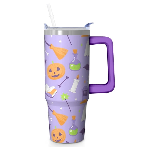 Halloween Gift Tumbler, Pumpkin Bat Cup with Handle and Straw 30oz, Spooky Insulated Coffee Travel Mug