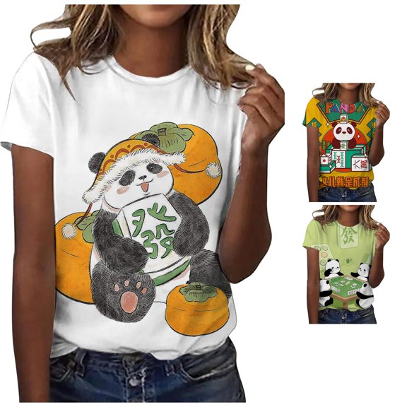 Halloween Gift for Women T-Shirts Casual Panda Mahjong Theme Short Sleeve Round Neck Top for Women Everyday Everyday XL