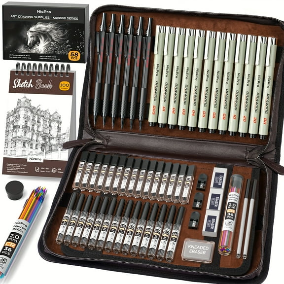 Halloween Gifts 58pcs Art Drawing Supplies Kit in Leather Case, Sketching Set with 6 Metal Mechanical Pencils (0.5/0.7/0.9/2Mm) + Sketch Book, School/Artist Drafting Supplies