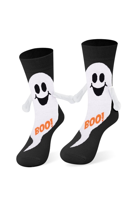 Funny Halloween Magnetic Holding Hands Socks for Women & Teen Girls - ‘BOO!’Hand in Hand Ghost Spooky Fun Cute Womens Novelty Crazy Funky Matching Costumes Crew Socks - Halloween Gifts Stockings