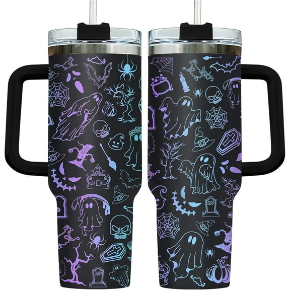 Halloween Gifts for Women Men, Black Spooky Tumbler 40 Oz With Handle and Straw, Neon Halloween Item Stainless Steel Vacuum Insulated Cup, Funny Halloween Decorations Gifts