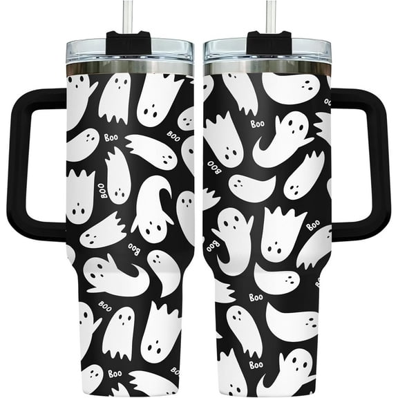 Halloween Gifts for Women Men Boys Girls, Black Spooky Boo Tumbler 40 Oz With Handle and Straw, Cute Halloween Ghost Stainless Steel Vacuum Insulated Cup, Funny Halloween Decorations Gifts