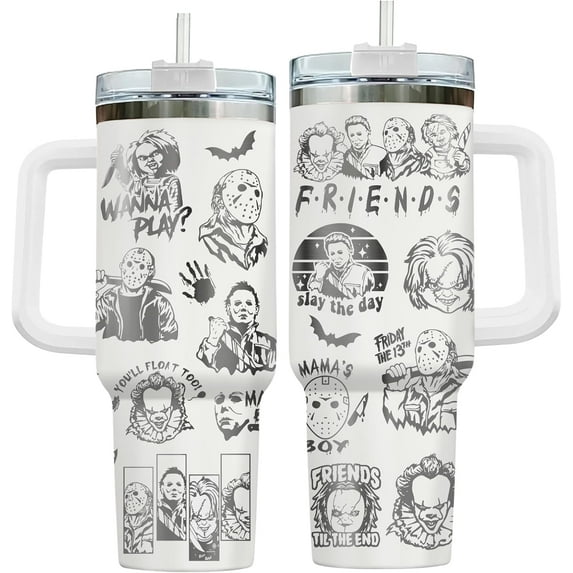 Halloween Gifts for Horror Movie Lover, Horror Friends 40 oz Tumbler with Handle, Scary Movie Characters Mug, Halloween Mug, Gifts for Horror Fans