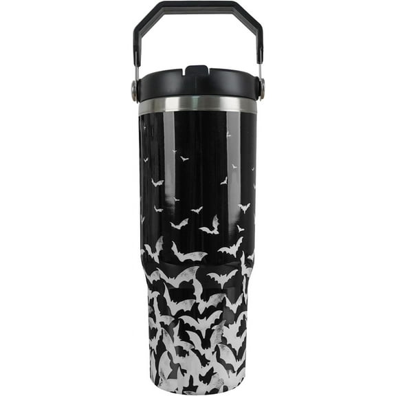 Halloween Gifts for Women - 30oz Insulated Stainless Steel Tumbler with Handle, Straw & Leak-Proof Lid - Bat and Witch Goth Design Travel Coffee Mug
