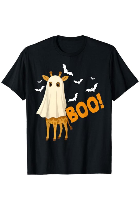Halloween - Giraffe Graphic Tee, Tops Has Ghost - Giraffe Graphic, Round Neck Regular Fit T - shirts, Size(S - 5XL)