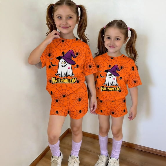 Halloween Girls' Clothing Sets Summer Outfits Size 7 Two Piece Outfits Cute Preppy Ghost Spider Web Clothing Sets Vacation Short Sleeve T Shirts Top and Shorts Athletic Activewear Orange 5-6 Years