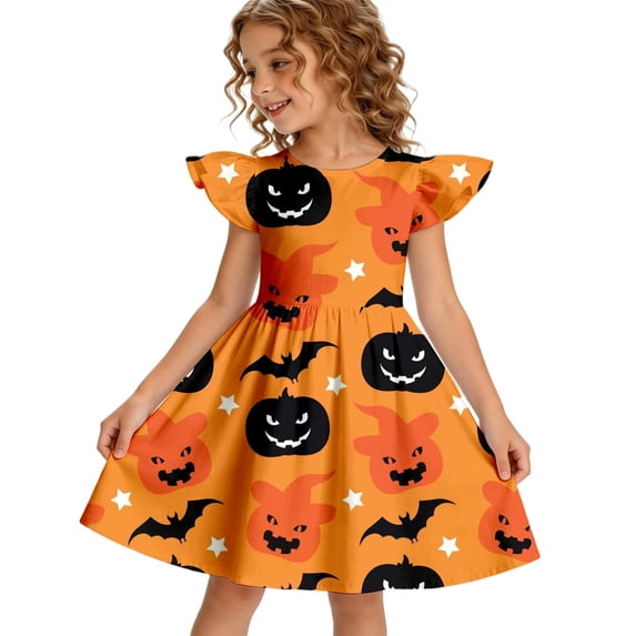 Halloween Girls Dresses Size 10-12 Flutter Sleeve Cute Skater Dress Summer Holiday Pumpkin Ghost Novelty Crew Neck Girls Fashion Girls Dresses Saffron 3-4 Yaers