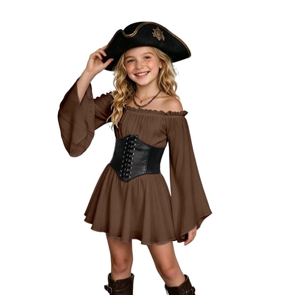Halloween for Girls,Girls Casual off Shoulder Ruffled Dresses Pirate Dress Pirate Themed Outfit for Toddler Girl Halloween Character Dress Brown 4-5Years