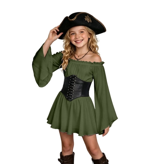 Halloween for Girls,Girls Casual off Shoulder Ruffled Dresses Pirate Dress Pirate Themed Outfit for Toddler Girl Halloween Character Dress Dark Green 13-14Years