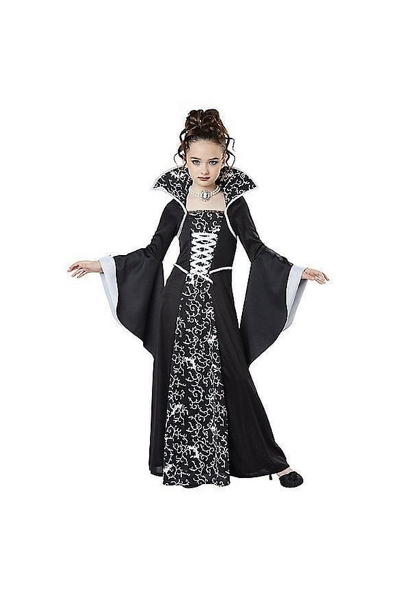 Halloween Girls' Gothic Medieval Retro Long Sleeve Floor-Length Party Witch Dress with Elegant Tie-Up Stand Collar&Bell Sleeves|Ruffled Hem&Dark Burgundy/Lace-like Pattern Renaissance Themed Events