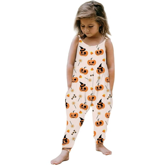 Halloween Girls Jumpsuit 4T Sleeveless Pumpkin Print Casual Spaghetti Strap Loose Romper Long Pants with Pockets Toddler Girls Clothing Z0J-Light Pink, 1-2 Years