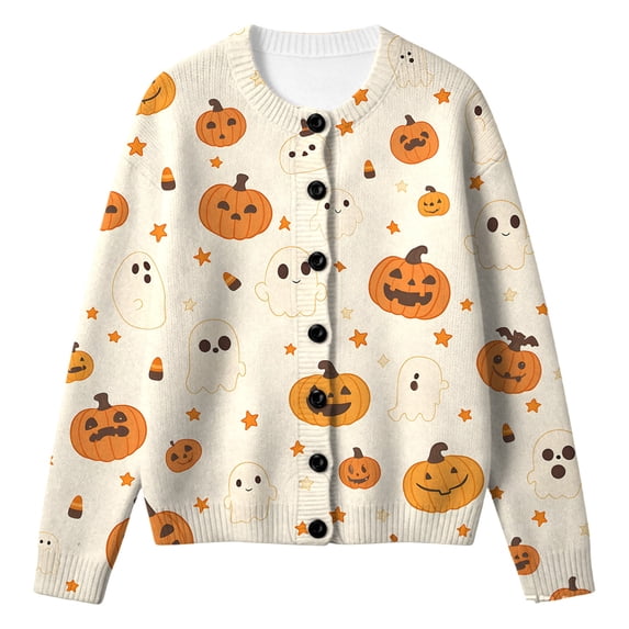 Halloween Girls Knitted Sweater Cardigan Pumpkin Print Stylish Fall Long Sleeve Button Down Casual Tops