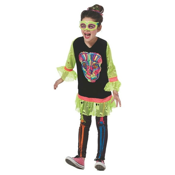 Halloween Girls Neon Skeleton Costume Shirt Leggings & Mask Medium (7-8)