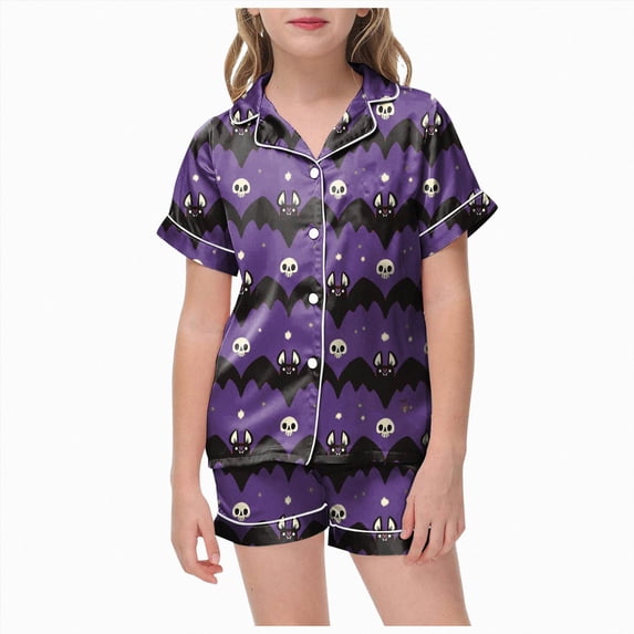 Halloween Girls Pajama Set Short Sleeve Button Down Girls PJS Sleepwear Summer Nightwear Loungewear Set